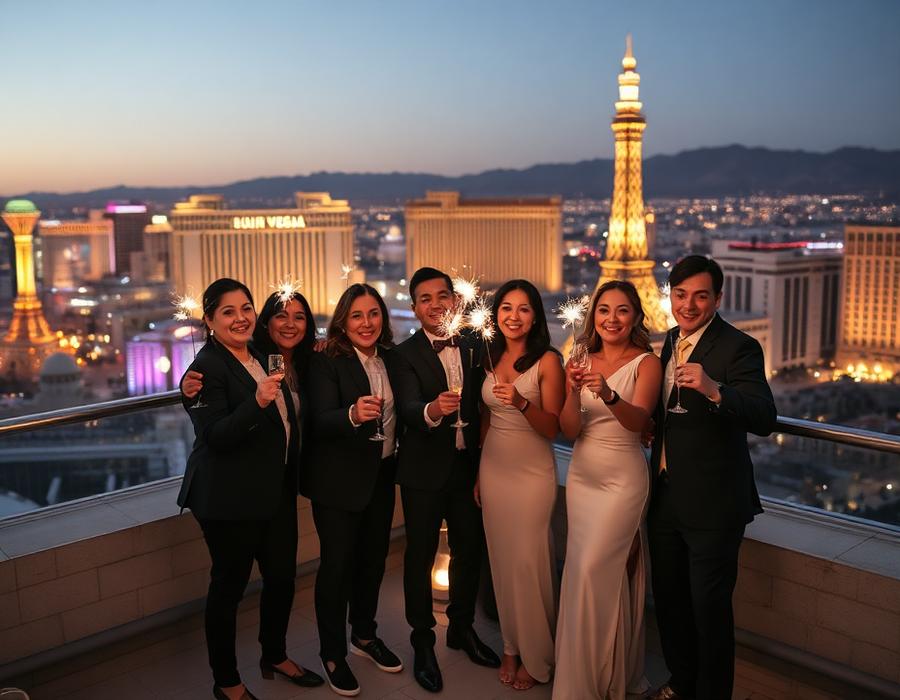 Friends celebrating with sparklers above the strip